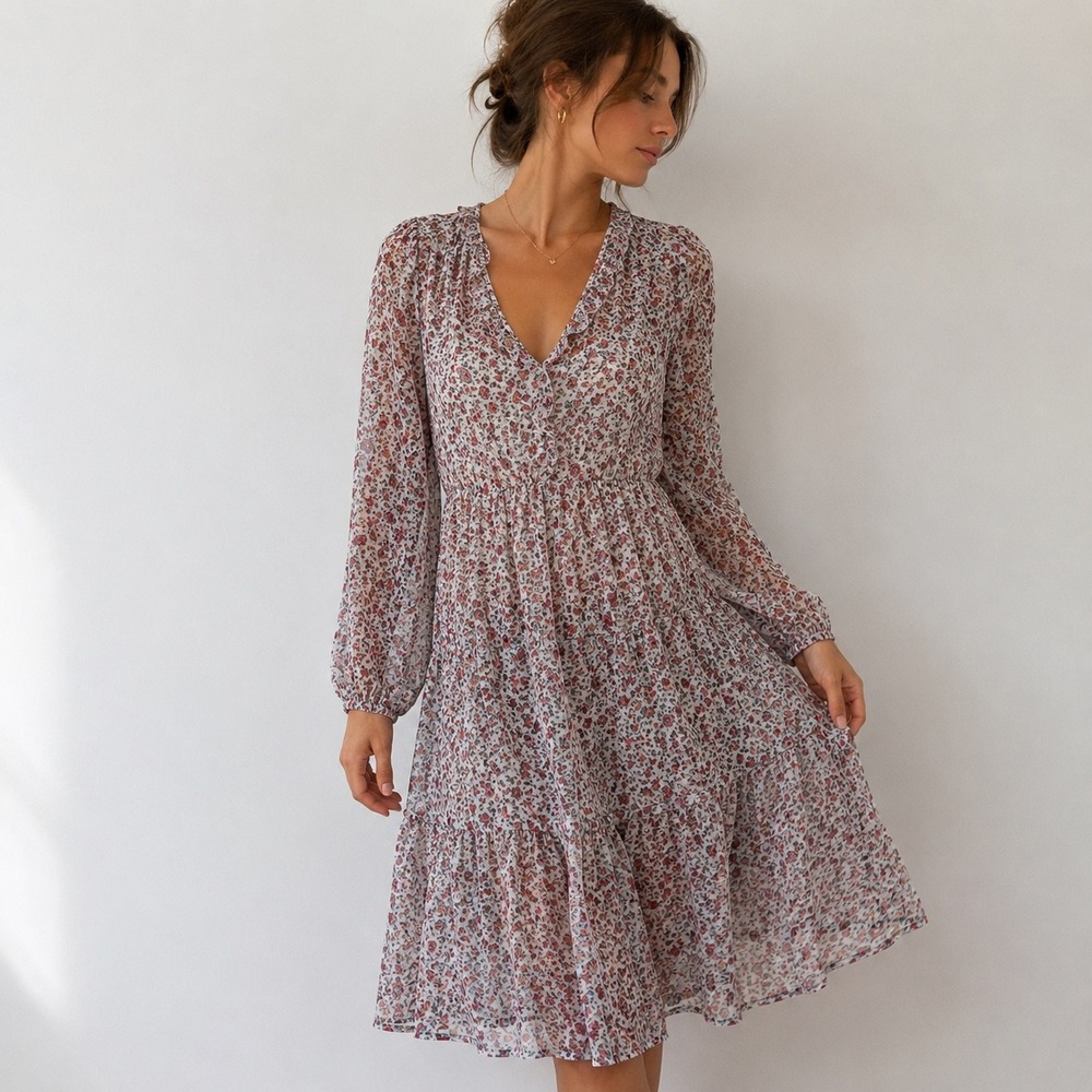 Magali Pascal Kazane Floral Black Red Long Sleeve Chiffon Midi Dress XS Romantic
